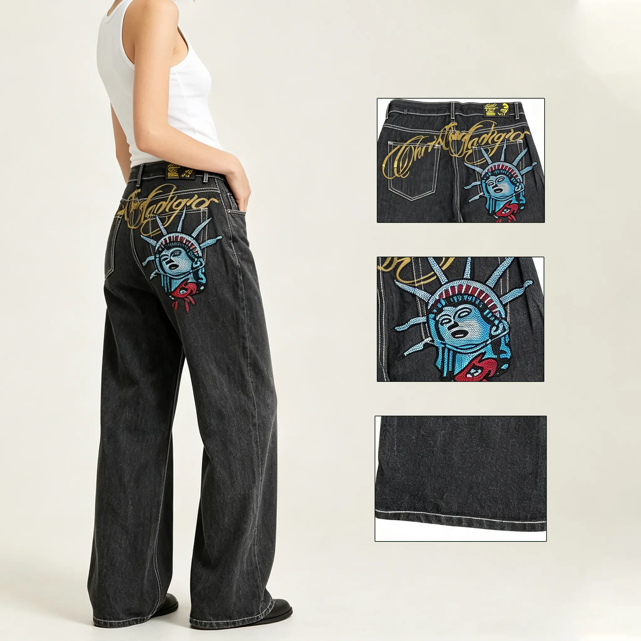 Jeans for Women Y2K Hip Hop Womens Baggy Jeans Barrel Pants Rhinestones Gothic Vintage Streetwear