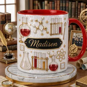 Custom Chemistry Teacher Name Mug, 2D Printed 3D Effect Ceramic Coffee Cup, Red Science Lab Beaker Molecule Test Tube Design, Personalized Gift for Chemistry Teachers, Professors, Students, Back to School Birthday Gift