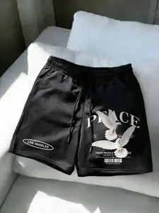 "LA Peace Doves" Oversized Polyester Shorts for Men | TikTok Trendy Streetwear Bottoms – Bold Black & White Design, Breathable Polyester Fabric, Drawstring Loose Fit Perfect for Urban Street Style, Casual Wear & Peaceful Fashion Statements,