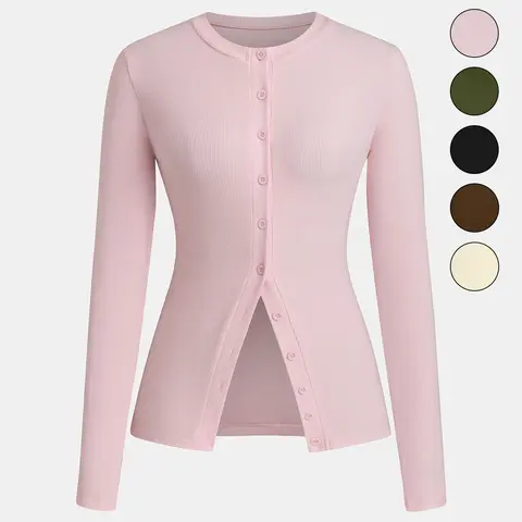 Women's Casual Round Neck Long Sleeve Button Front Fitted Knit Top, Basic Solid Color Design, Extended Length, Perfect for Everyday Wear, Casual Knitwear, Womenswear