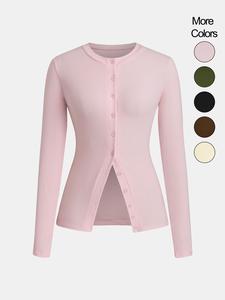 women's casual round neck long sleeve button front top, basic solid color design, extended length, perfect for daily wear