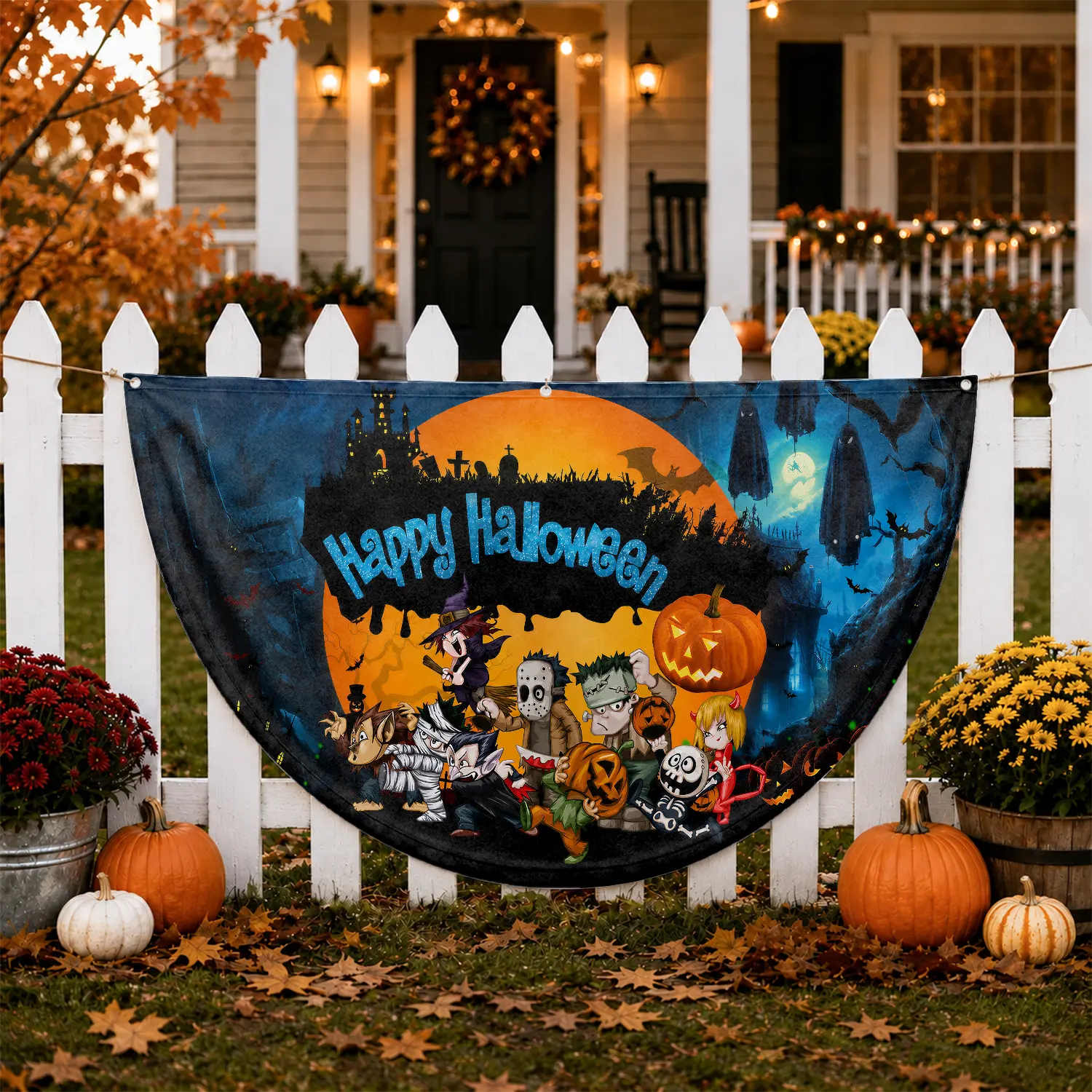Cute Cartoon Halloween Porch Banner, Kid-Friendly Halloween Decoration, Fun Monster Character Front Door Sign for Trick-or-Treaters