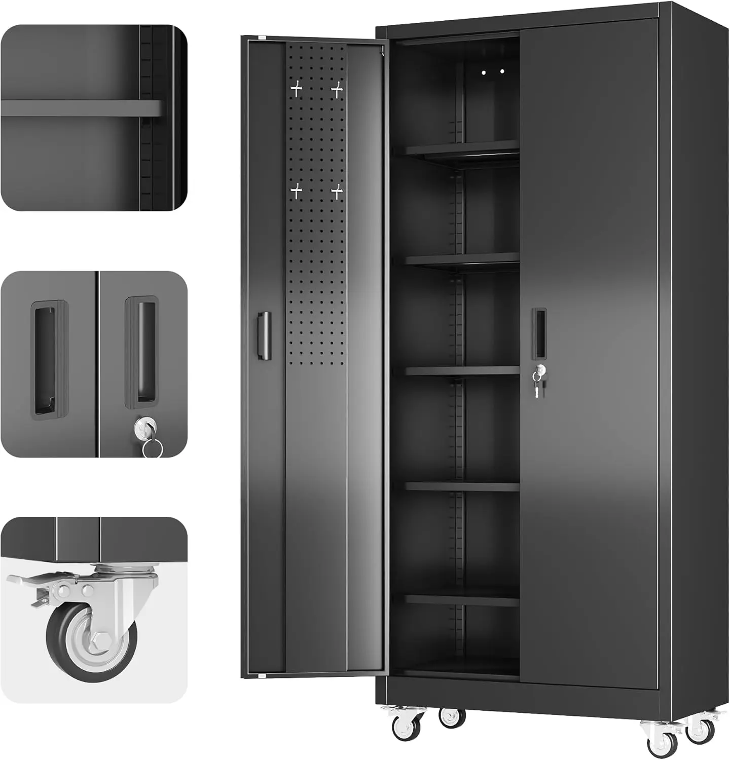 71" H×32" W×16" D Metal Storage Cabinet with Wheels, Garage Steel Storage Cabinet with 5 Adjustable Shelves and 4 Hooks for Home Office, Kitchen, Assembly Required, Black