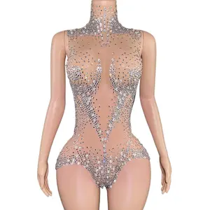 Sparkly Rhinestones Bodysuit for Women Sexy Mesh See Through Performance Dance Costume Singer Dancer Show Stage Wear