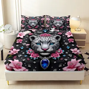 3pcs Snow Leopard Fitted Sheet Set All Seasons Decorative Mattress Cover Animal Mattress Protector Boho Bedding Set Bedroom Decor for Home Guest Room Decor 1 Fitted Sheet+2 Pillowcases Without Core