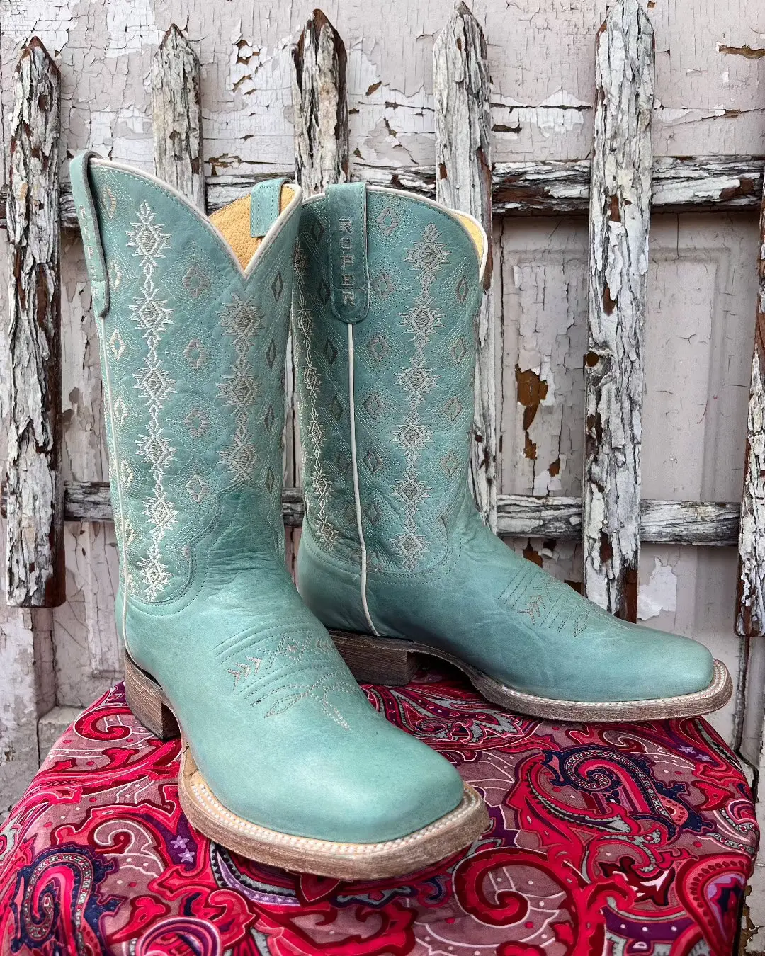 Roper Women's Anika Light Blue Turquoise Aztec Embroidered Square Toe Cowgirl Boots 7016-8586