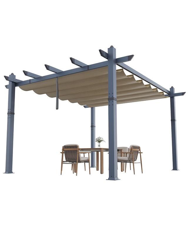 GARVEE 10x13 Ft Aluminum Pergola with Retractable Canopy Metal Gazebo for Modern Backyard Deck Porch Grape Trellis(Khaki)