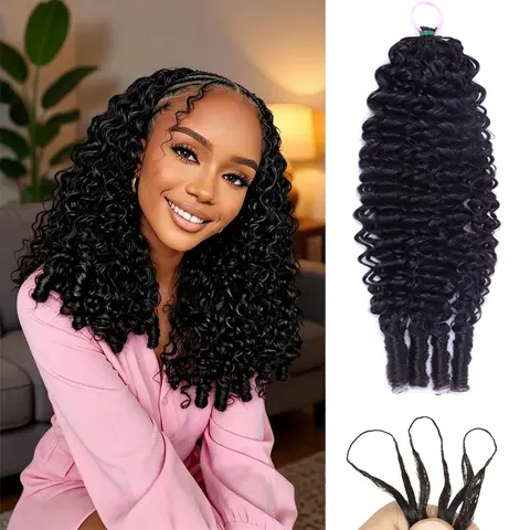 Bling Hair Burmese Curly Crochet Human Hair 20 Inch Knotless Pre-Separated Feather Human Hair Crochet Bundles 3C4A Lightweight Reusable Remy Hair Extensions for Women Natural Black Color