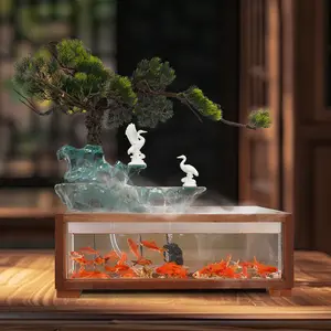 Feng Shui Tabletop Water Fountain with Crane & Pine Decor, Perfect Home Office Ornament for Wealth & Relaxation