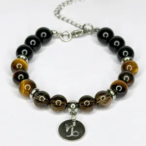 FIMENESS - CAPRICORN ENERGY BRACELET BLACK ONYX, TIGER EYE AND SMOKY QUARTZ NATURAL STONE BEAD COMBINATION HAND MADE STAINLESS STEEL NON-TARNISH CRYSTAL JEWELRY