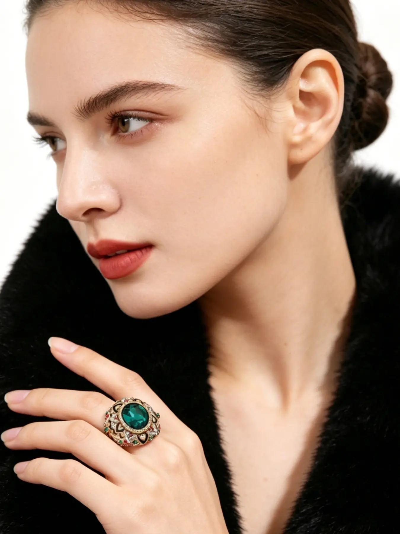 A vintage antique gold court style ring, featuring large emerald as the main stone, paired with colorful gemstones and enamel carvings, suitable for dinners, parties, or vintage outfits, Unique Rings