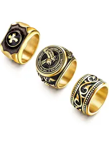 3Pcs Gold Plated Vintage Biker Rings for Men Stainless Steel Gold Signet Band Ring Men's Eagle Cross Statement Signet Ring Set Size 7-13