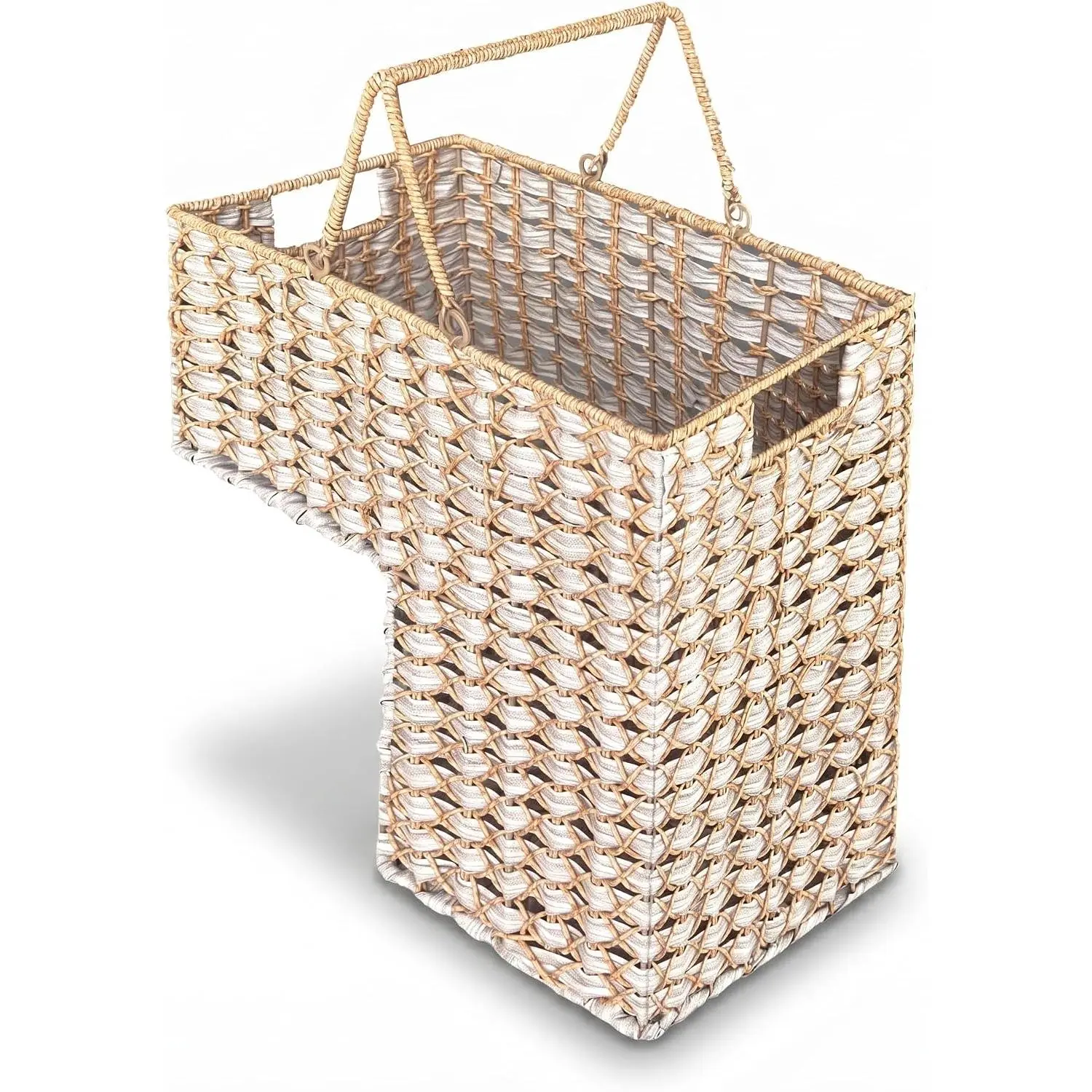 L-Shaped Stair Basket with Handles, Decorative Woven Storage Basket | L-Shaped Stair Basket；Built-In Handles；Two-Tone Woven Design；Handwoven PE Rattan；Modern Decorative Storage