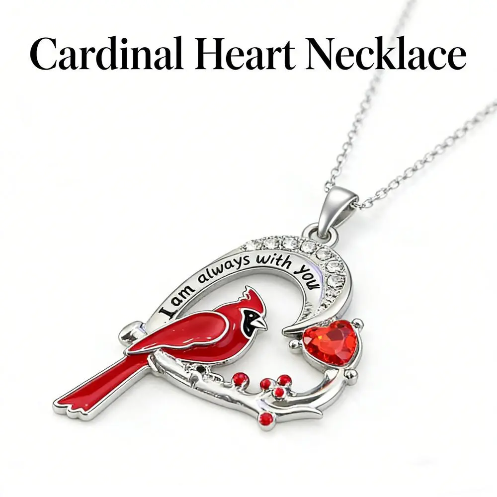 Women's Red Cardinal Heart Necklace - Premium Zinc Alloy Pendant Engraved "I am always with you", Red Synthetic Zircon Spiritual Jewelry, Casual Daily Wear with Comforting Memorial Meaning, Meaningful Christmas Birthday Gift, Meaningful Gifts, Comforting,