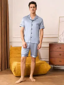 2-piece set of plain light blue short sleeved top and shorts with soft and comfortable collar design, small pocket button closure, elastic waistband, suitable for all seasons home daily casual men's sleepwear set