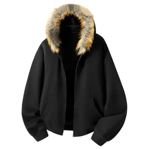 Fashionable large fur-collar hooded zip-up cardigan coat for couples—casual warm jacket with pockets and long sleeves; chic women’s fall outfits; men’s fall outfits