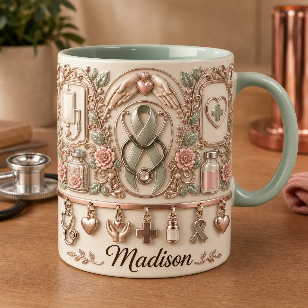 Personalized Nurse Mug, Custom Sage Handle Ceramic Cup, 2D Printed 3D Effect Awareness Ribbon Medical Design, For Nurses Women Healthcare Workers, Nurse Appreciation Birthday Christmas Gift, Nursing Keepsake