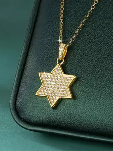 14K Gold Plated Pave CZ Star of David Pendant Necklace, Iced Out Hexagram Necklace for Women Men, Jewish Hanukkah Gift