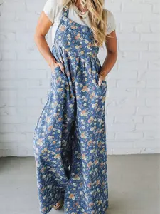 Women's Vintage Floral Print Wide Leg Denim Overalls - Aesthetic, Fashionable, Stylish Bohemian, Comfortable Loose Fit Casual Jumpsuit