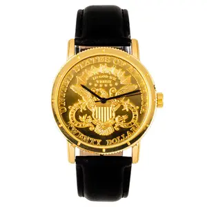 MaxBling81 Men's Gold Watch - 20 Dollar Gold Coin Design, Hip Hop Style, Leather Band, Analog Quartz Fashion Wristwatch, Gold Watches