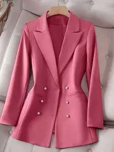 A women's peach-colored half-single-breasted pearl double-pocket Wrap Lapel blazer jacket with a regular shoulder top, Fitted Long Sleeve Collared Elegant Chic, suitable for spring and autumn suitable for daily commuting, home wear, and light business.