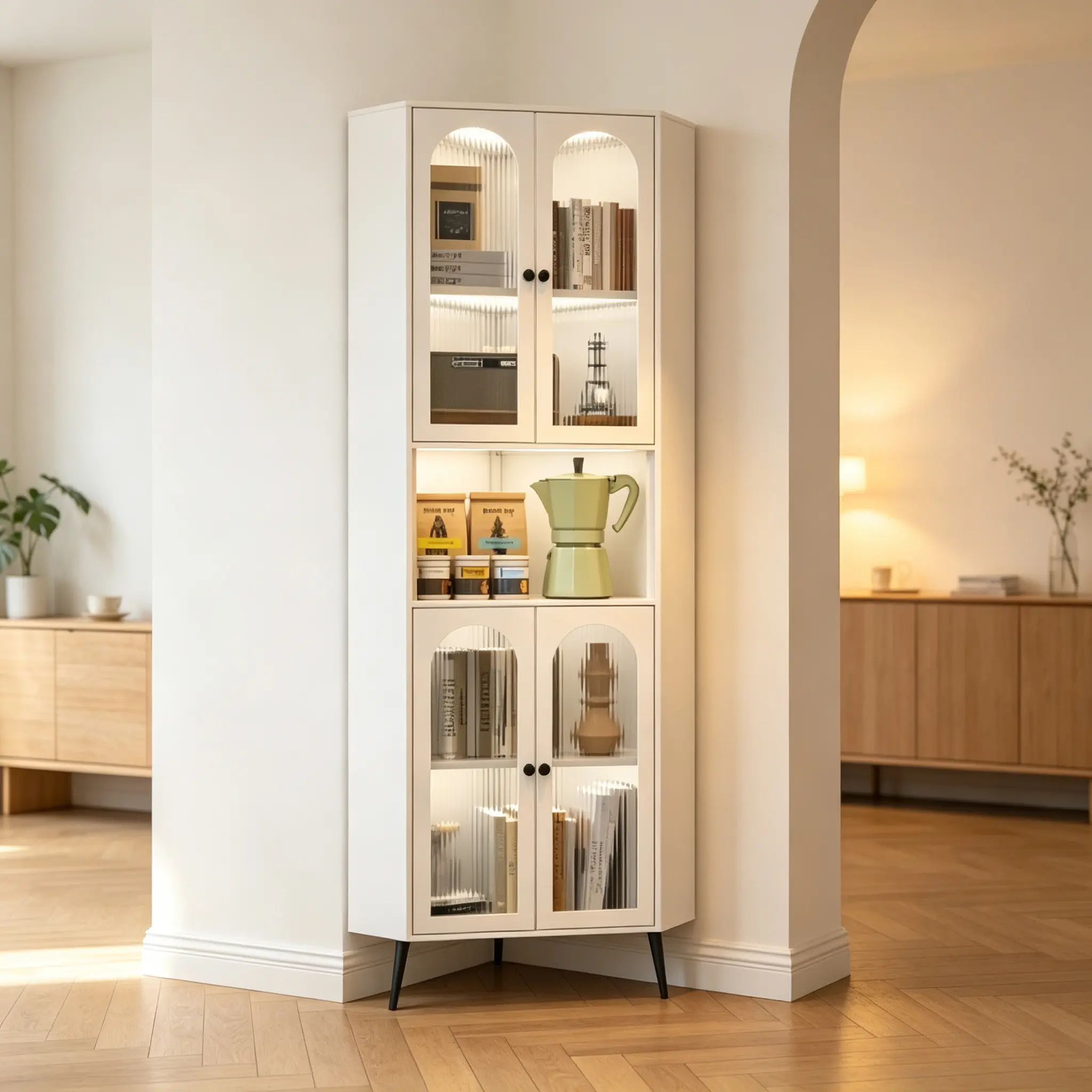 73 Inch Triangle Corner Storage Cabinet, Tall Metal Display Cabinet with Arched Fluted Glass Doors & Adjustable Shelves, Freestanding Corner Bookshelf for Living Room Bedroom Office