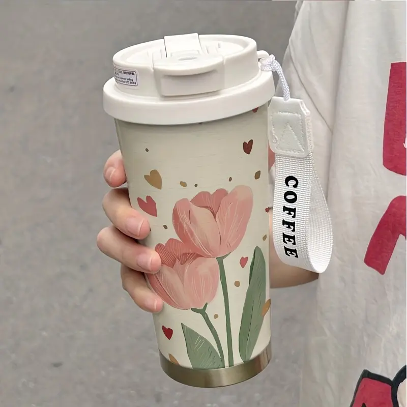 Stainless Steel Vacuum Insulated Coffee Tumbler Flask (500-1,000 ml/18oz) - Elegant Tulip & Heart Design, Leakproof Tumbler, Straw Lid, Portable Handle Strap, Traditional Look, Valentine's Day Kitchenware Drinkware Gift, Tulip Print