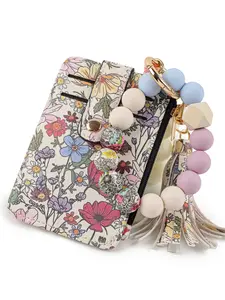 Floral Print PU Leather Card Holder Keychain, Silicone Beaded Wristlet with Tassel, Multi Slot Credit Card Wallet for Women, Boho Style