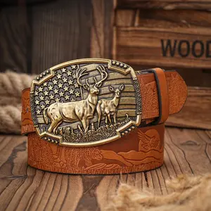 “Western Cowboy PU Belt – Men’s and Women’s Vintage Solid Buckle with Double Deer Flag & Floral Engraving for Jeans”