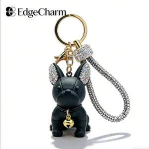 Cute Bulldog Keychain, Bling Crystal Rhinestone Strap Dog Key Ring, Creative Figurine Car Key Chain