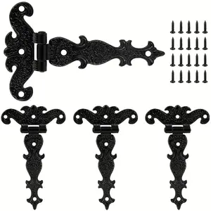 4pcs Classic T-Hinge, Heavy Duty Metal Wall Mount Hinges with Powder Coated Finish, Vintage Black Decorative Barn Door Hardware with Screws