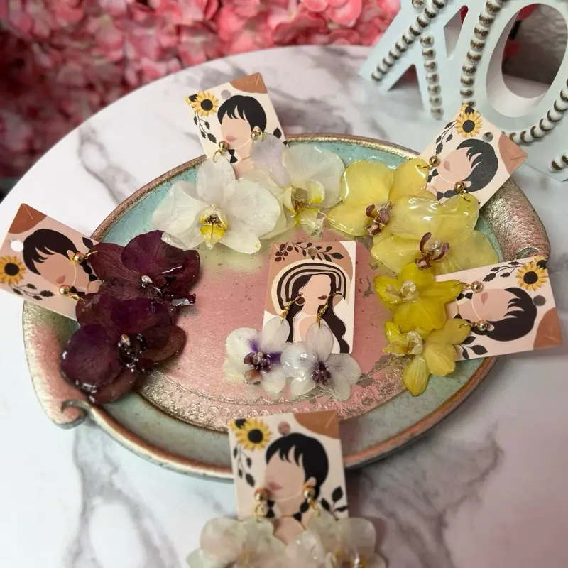 Orchid Earrings - Natural Dried Orchid Flowers Encapsulated in Resin with Gold Hooks