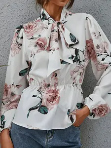 Elegant European & American Style High-End Floral Blouse Top, Stylish Slim Fit Upper Garment for Women, Perfect for Casual and Formal Wear