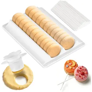 Cake Pop Kit Round Flat Mold and Pusher with 100 Sticks, Disc Shape Non-3D Printed, ABS Baking Mold Maker Set with Dual-Cavity Tray for, Wedding Homemade Desserts, White