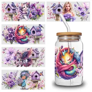 5 Sheets Purple Flower UV DTF Stickers Design UV DTF Cup Packaging Transfer Waterproof Self-Adhesive Paper for 16oz Glass Mug Water Bottle Cup Practical Wrap, 3d Crystal Label Waterproof And Scratch - High Quality