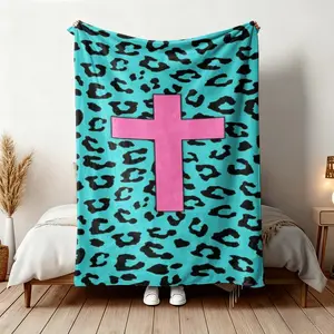 Leopard Print Cross Stitch Blanket, Flannel Throw Blanket, Soft Comfort Knitted Blanket, Ideal for Home Office Travel Camping