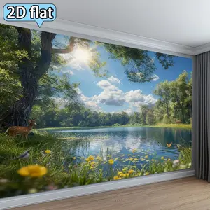 2D Flat Polyester Photography Backdrop Banner - HD Digitally Printed Forest Lake Deer Nature Scene, Soft, Lightweight, Folding, Machine Washable for Portraits, Photo Booth, Video Studio