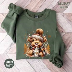 [New Collection For Christmas] Cute Highland Cow Christmas Sweatshirt: Cozy Winter Fluffy Cow Xmas Trees Shirt, Cow Lover Gift