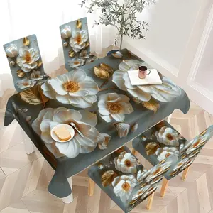 5pcs/7pcs Tablecloth & Chair Cover Set, Luxury Elegant White Floral & Golden Leaf Printed Tablecloth Chair Cover Combo, Stretch Chair Slipcover for Dining Table Decoration, Marble Pattern, Suitable for Dining Room / Kitchen / Banquet, 2D Flat Printing