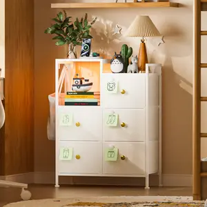 White 5 Drawer Fabric Dresser for Bedroom with 2-Tier Shelf LED Lights & Charging Station Sturdy Metal Frame Modern Organizer Cabinet for Hallway and Small Rooms