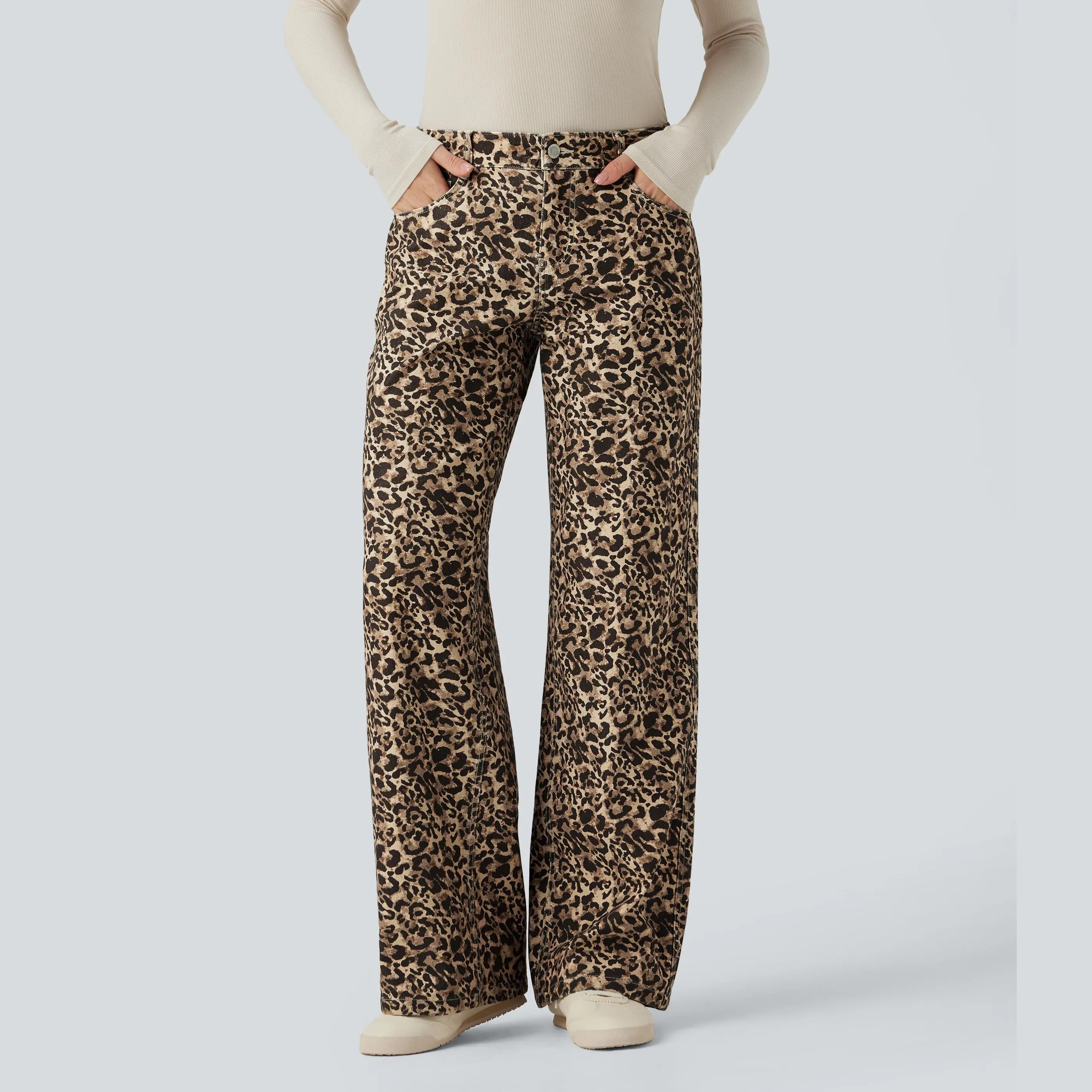 Halara Flex Leoprd Print Low Rise Wide Leg Casual Jeans with Pockets #BackToSchool