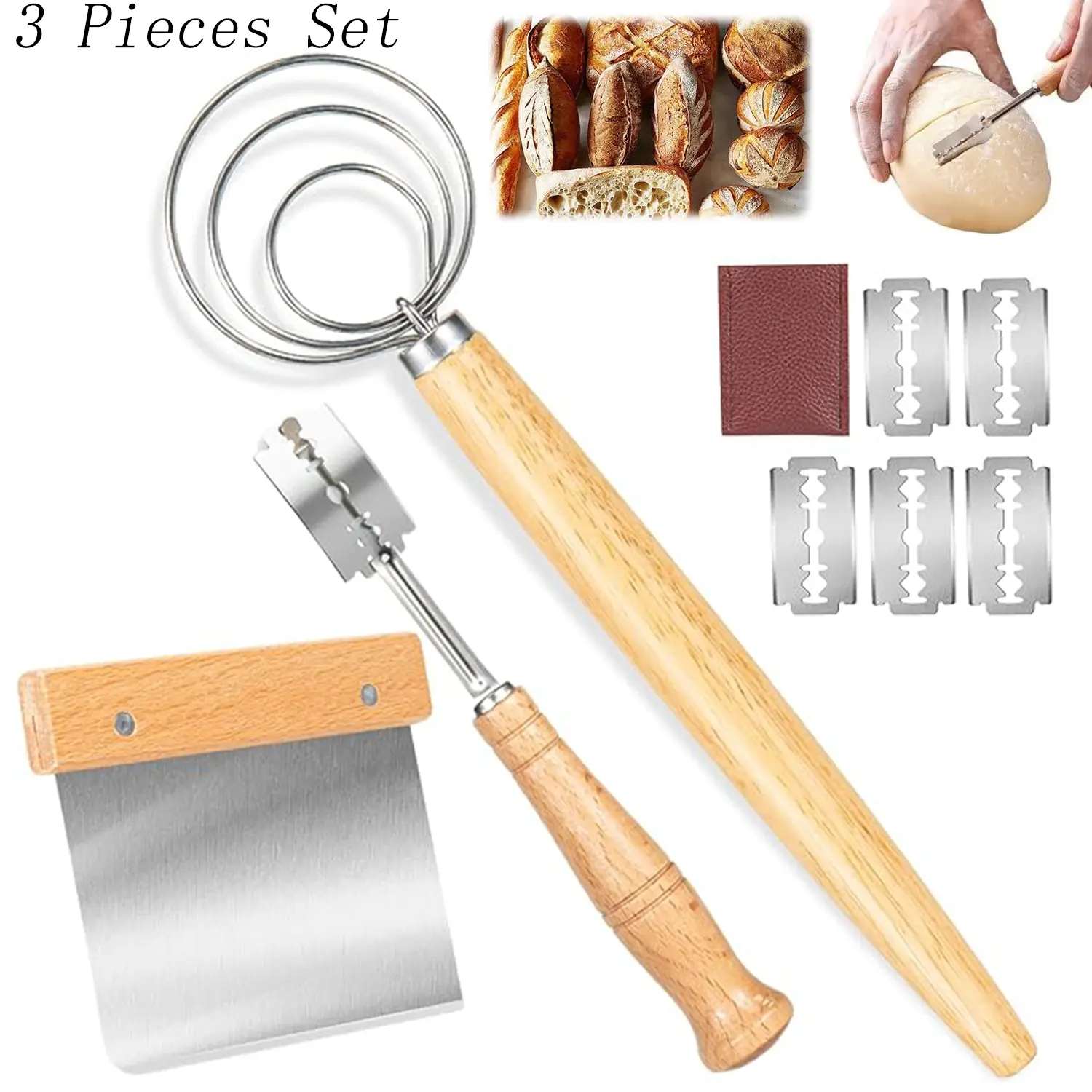 Sturdy Lightweight Stainless Steel Bread Whisk Set (3 Pieces with Handles), 5 Replacement Blades, Leather Protective Cover, Scraper - Kitchen Bakeware Utensils for Pastry, Cake Baking