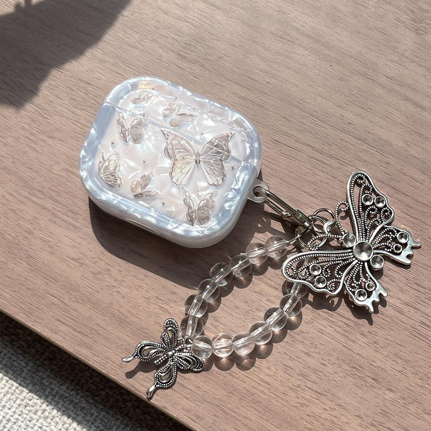 [Free!!Ship!] Butterfly Earphone Case for AirPods 4 Pro 3 2 1 Cute Pearl Shell Design Case with Butterfly Lanyard Shockproof Protective Cover Ideal Gift for Women Girl