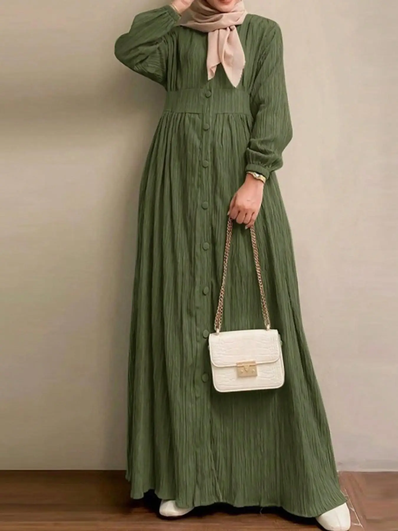 Women's Solid Color Bishop Sleeve Button Front Long Dress, Modest Casual Long Sleeve Round Neck A Line Dress for Daily Wear, Ladies Islamic Clothing f