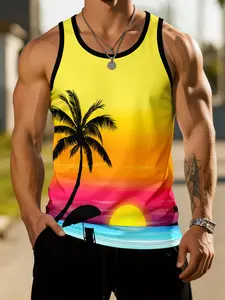 Hawaiian Style Men's Sleeveless Vest, Vintage Sunset Palm Print, Casual Slim-Fit, Breathable Training Top, Summer Beachwear
