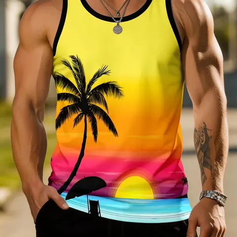 Hawaiian Tropical Style Men's Sleeveless Vest, Breathable Sleeveless Design, Vintage Sunset Palm Print, Casual Slim-Fit, Breathable Training Top, Summer Beachwear, Muscle Tank Tops