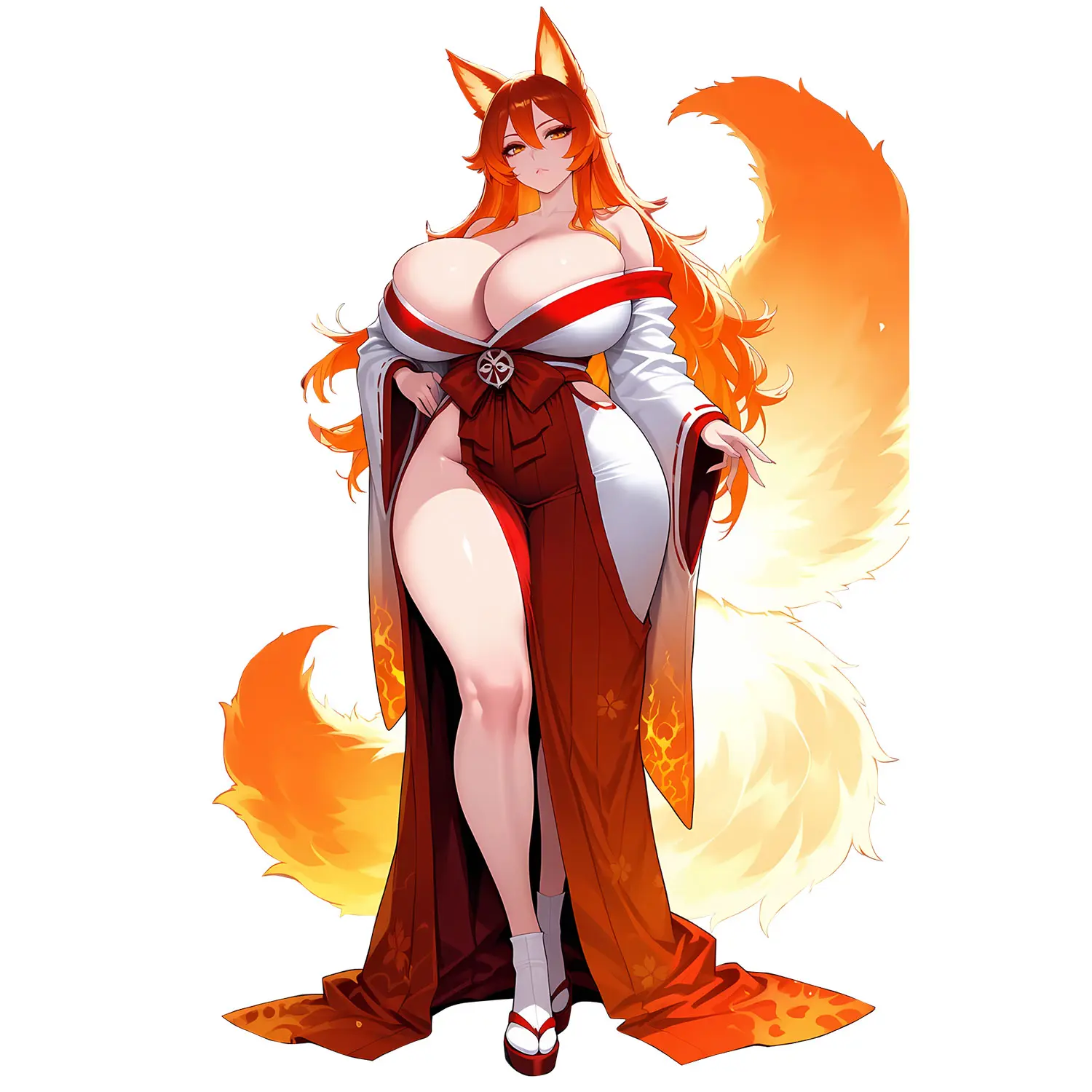 Flame Fox Spirit Vinyl Decal, Elegant Fantasy Character with Fiery Orange Tails and Flowing Robes, for Laptop Water Bottle Notebook Car Window Decor