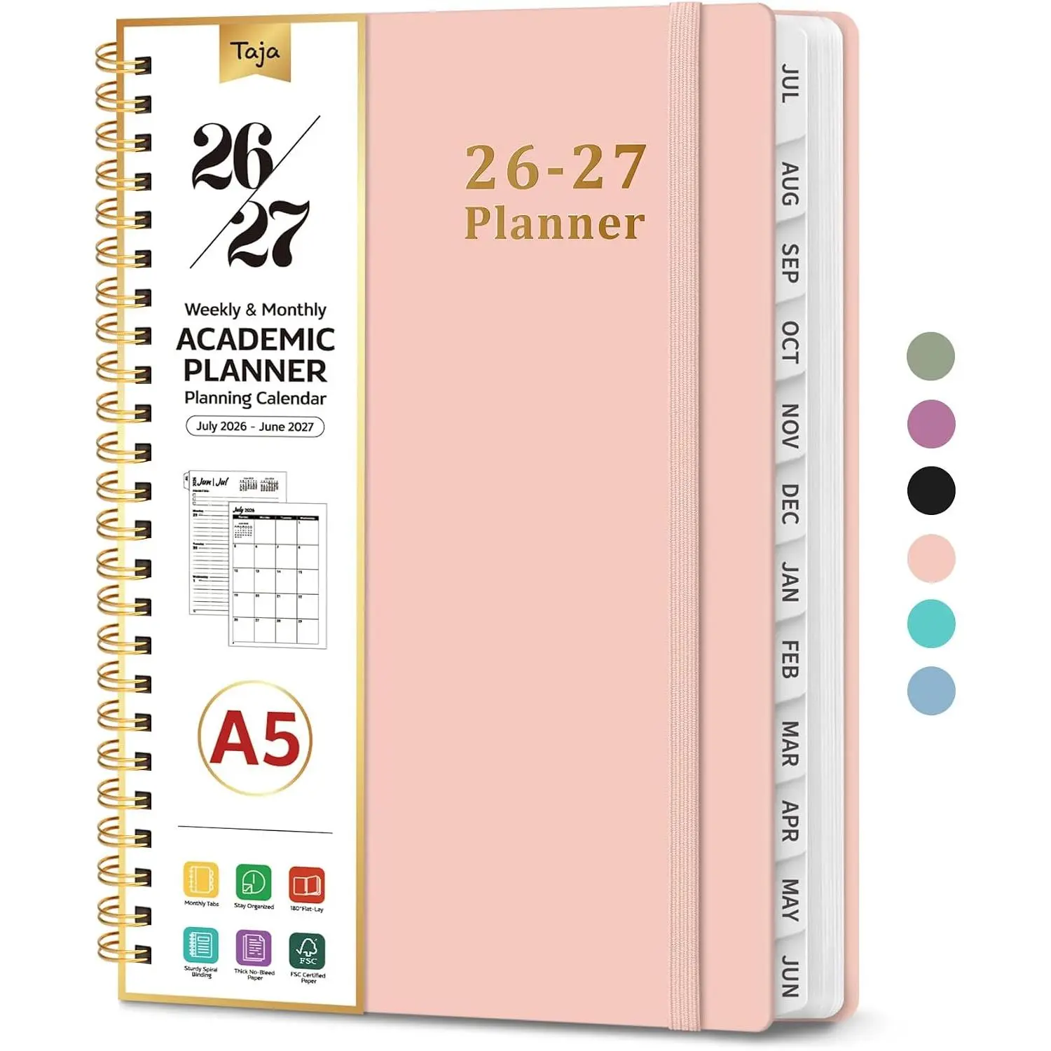 Planner 2026-2027, 6.3" x 8.5" Weekly and Monthly Academic Year Planner Calendar, July 2026 - June 2027, Hardcover Large School Planning Agenda With Tabs, Perfect for School & Office Supplies, A5, Pink