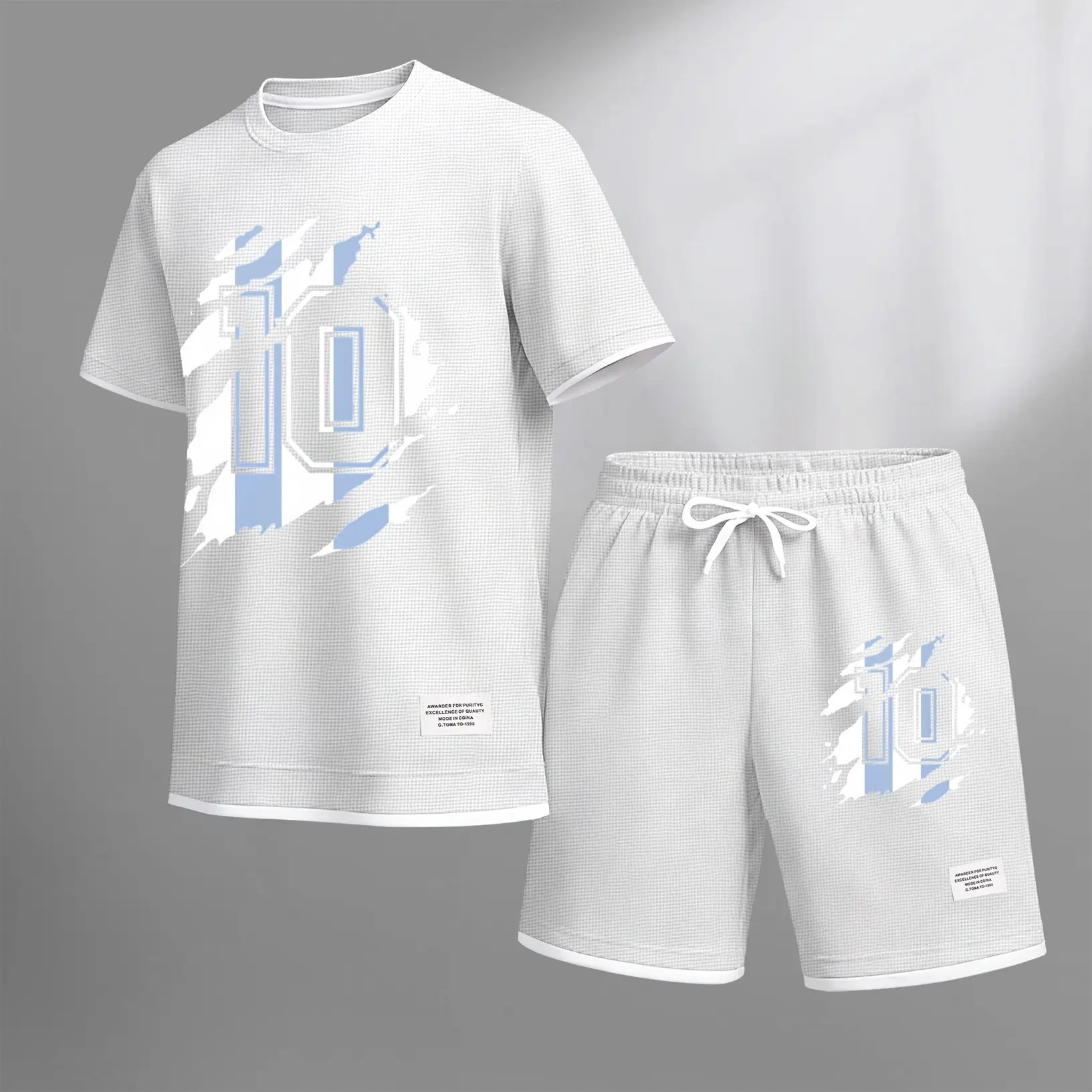 Men's 2-Piece Menswear Set, Casual Athletic Shortsleeve Outfit in Waffle Polyester with Number 10 Print, Loose Fit Round Neck Tee & Shorts, Fitness, Minimalist, Fabric, Oversized, Textured