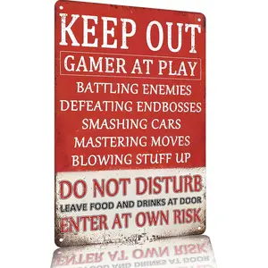 Vintage Metal Sign 8x12 Inch Aluminum Wall Decor - "Gamer At Play Keep Out" Funny Gaming Gift, Distressed Retro Home Decor for Game Room & Bedroom